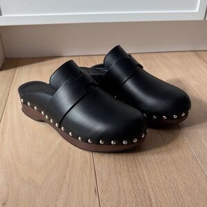 Hermes Black Leather Calya Clogs with Brown Sole